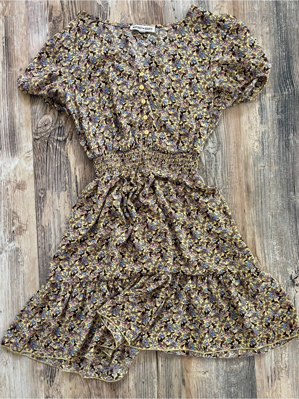 Printed Smocked Waist Floral Dress in Brown and Mustard